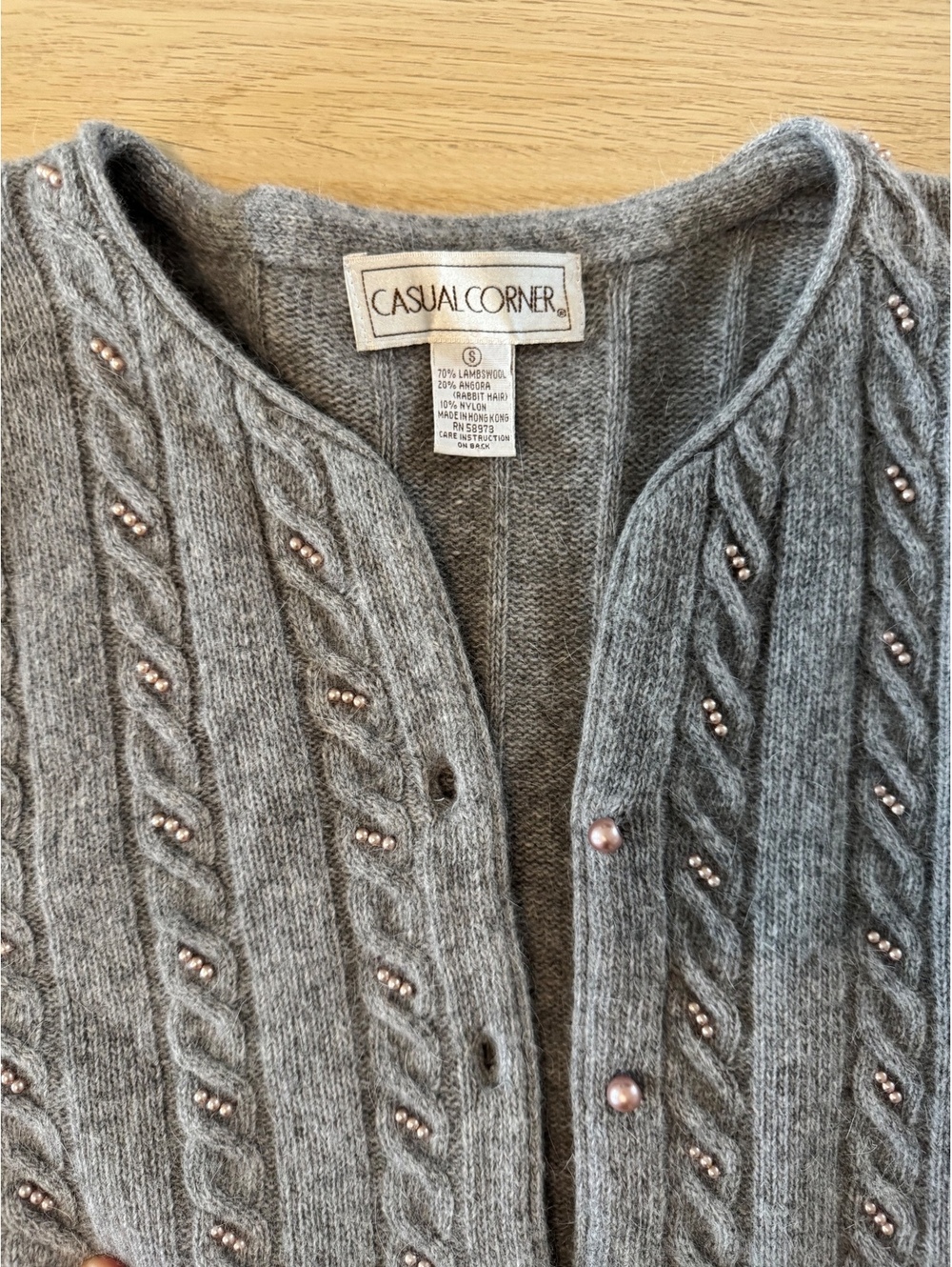 Casual Corner Lambswool & Angora Beaded Cable Knit Whimsy Girlhood Cardigan